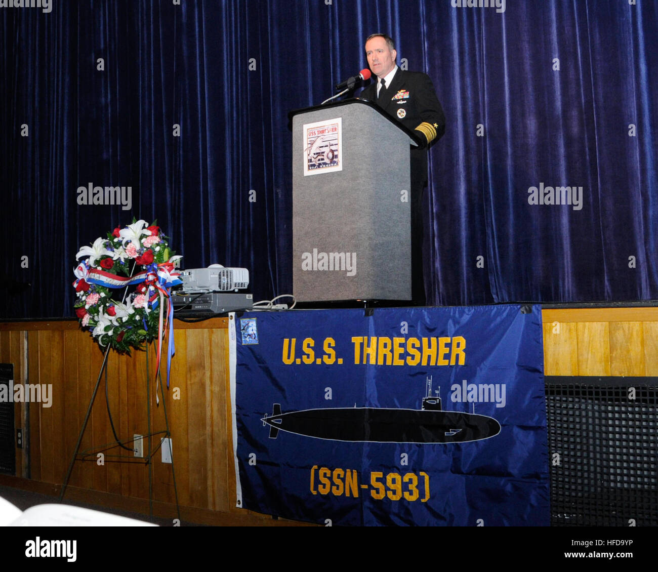 PORTSMOUTH, N.H. (April 6, 2013) Vice Adm. Michael Connor, commander of Submarine Forces,  delivers remarks during a memorial service for the 50th anniversary of the loss of the U.S. Navy submarine USS Thresher (SSN 593). The ceremony honored the 129 men lost on Thresher, which sank off the cost of Cape Cod on April 10, 1963 during sea trials.  More than 700 Thresher family members and former crew members attended the service.  (U.S. Navy photo by Jim Cleveland/Released) 130406-N-TT535-002 Join the conversation http://www.facebook.com/USNavy http://www.twitter.com/USNavy http://navylive.dodliv Stock Photo