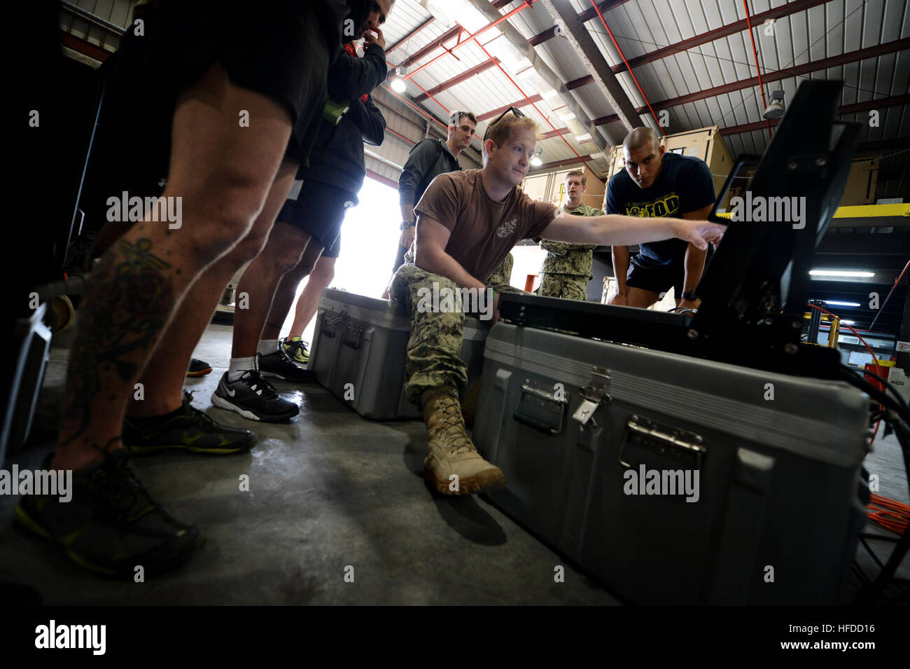 A U.S. Navy Explosive Ordnance Disposal technician conducts training on the control system of the Atlas Elektronik SeaFox ordnance disposal system at Naval Support Activity Bahrain. The training supports mine countermeasures, explosive ordnance disposal, salvage diving, and force protection operations throughout the U.S. 5th Fleet area of responsibility. Stock Photo