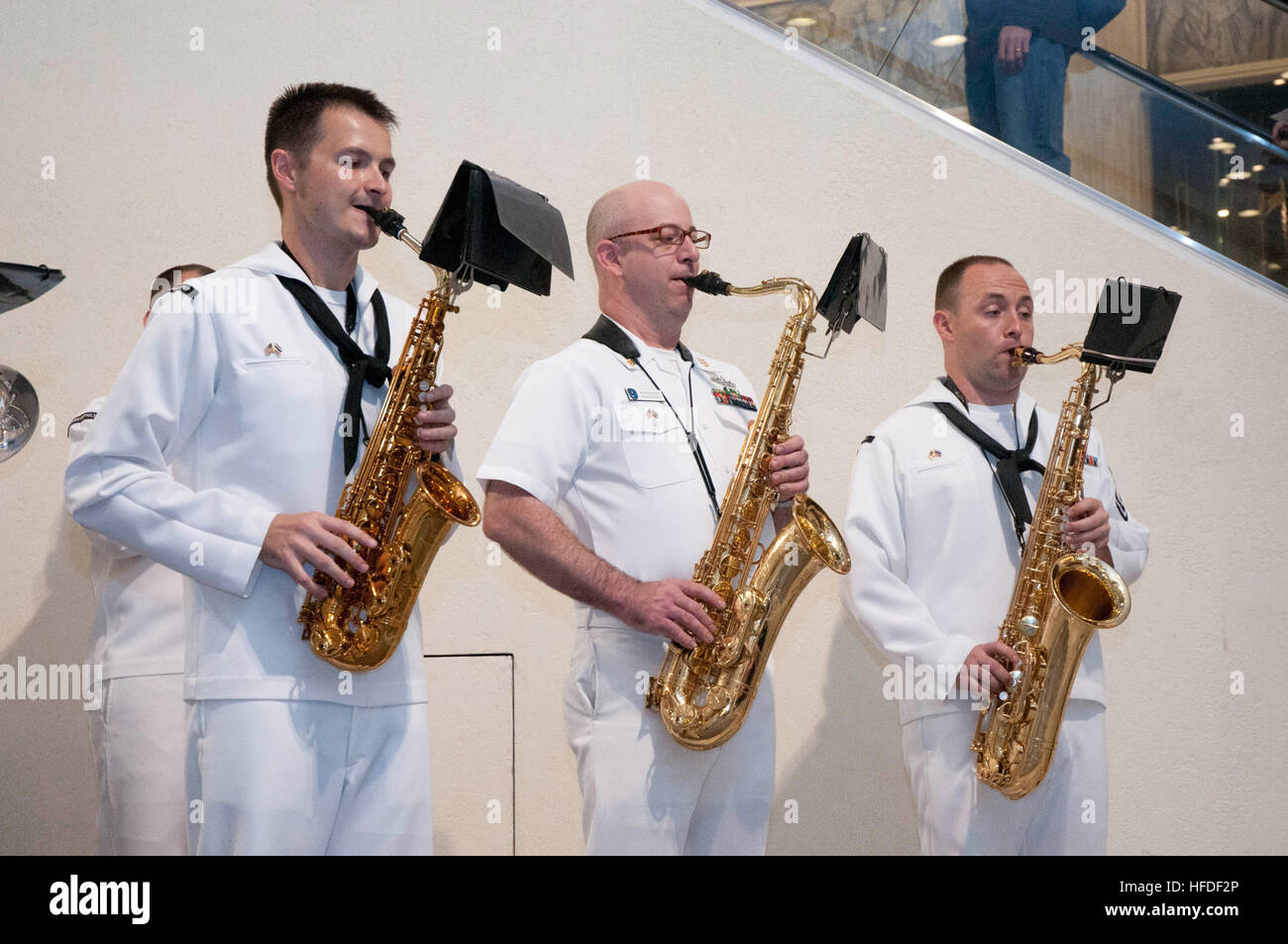 120528-N-TC096-691 BANGKOK (May 27, 2012) - From left, Musician Seaman Brandon Kies, Chief Musician Nicholas Flores and  Musician 2nd Class David Drescher of the U.S. 7th Fleet Band Far East Edition, play the saxophone during a performance at the Terminal 21 Mall in Bangkok. The 7th Fleet Band is embarked on board the flagship USS Blue Ridge and is currently in Thailand for a port visit.(U.S. Navy photo by Mass Communication Specialist 3rd Class Colin M. Sheridan/Released) US 7th Fleet band performs in Bangkok 120528-N-TC096-691 Stock Photo