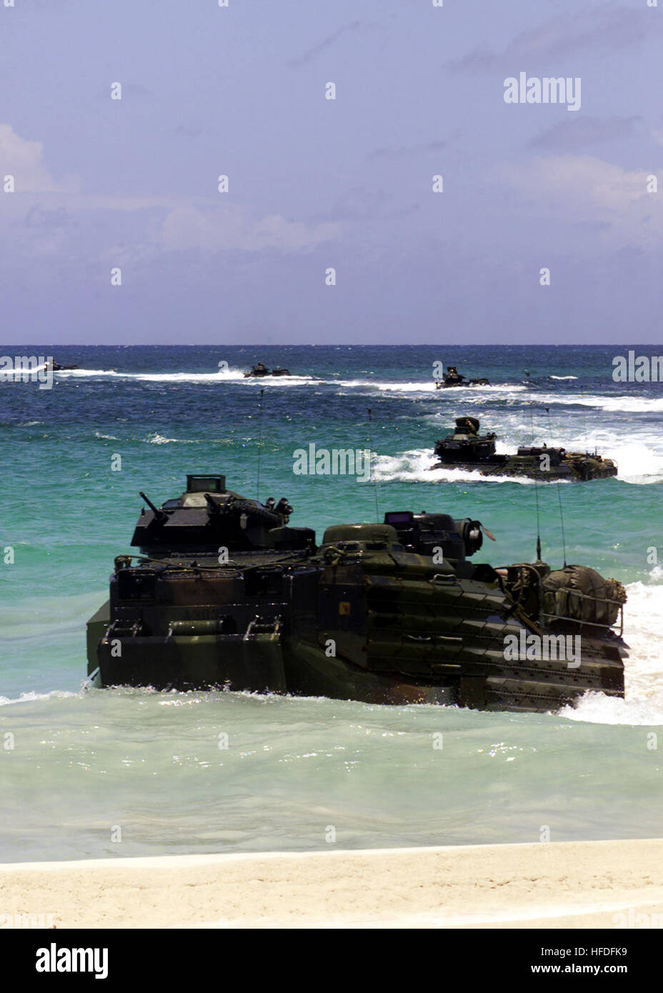 010806-N-6141B-502 Vieques Island, Puerto Rico (Aug. 6. 2001) -- Armored Amphibious Vehicles (AAV) land on Blue Beach Vieques.  The Kilo Company, Battalion Landing Team 3-6 AAVs and personnel are home-based out of Camp Lejeune, N.C. and participating in Supporting Arms Coordination Exercise designed to provide advanced level training for Marine forces. U.S. Navy photo by Journalist Senior Chief Alan Baribeau.  (RELEASED) US Navy 010806-N-6141B-502 Armored Amphibious Vehicles (AAV) land on Blue Beach Vieques Stock Photo