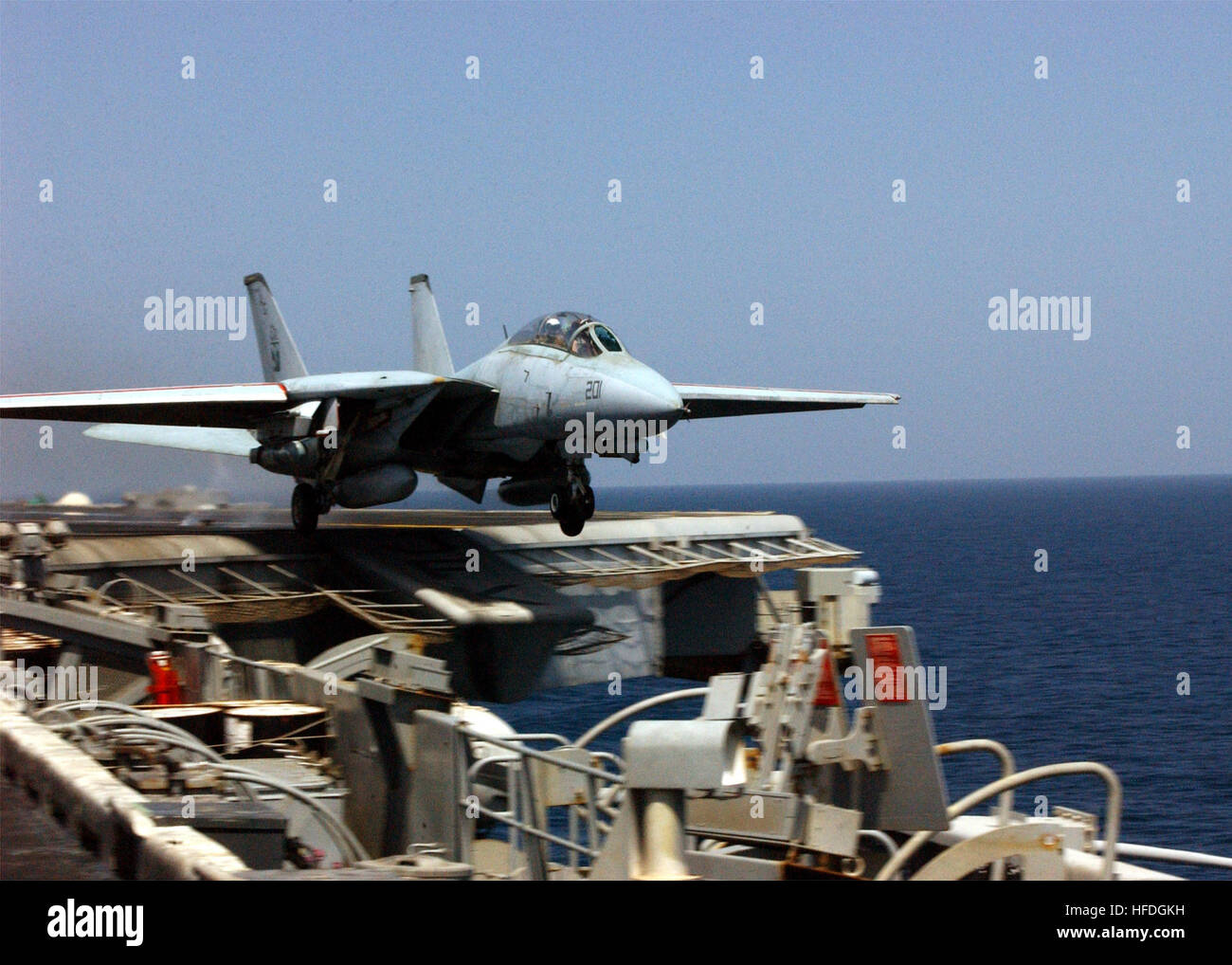 020418-N-8704K-004 At sea aboard USS John F. Kennedy (CV 67) Apr. 18, 2002 -- An F-14 ÒTomcatÓ assigned to the 'Red Rippers' of Fighter Squadron One One (VF-11) is launched from one of four steam catapult systems on the shipÕs flight deck.  Kennedy and her embarked Carrier Airwing Seven (CVW-7) are conducting combat missions in support of Operation Enduring Freedom.  U.S. Navy photo by Photographer's Mate Airman Apprentice Joshua Karsten.  (RELEASED) US Navy 020418-N-8704K-004 USS Kennedy - F-14 launch Stock Photo