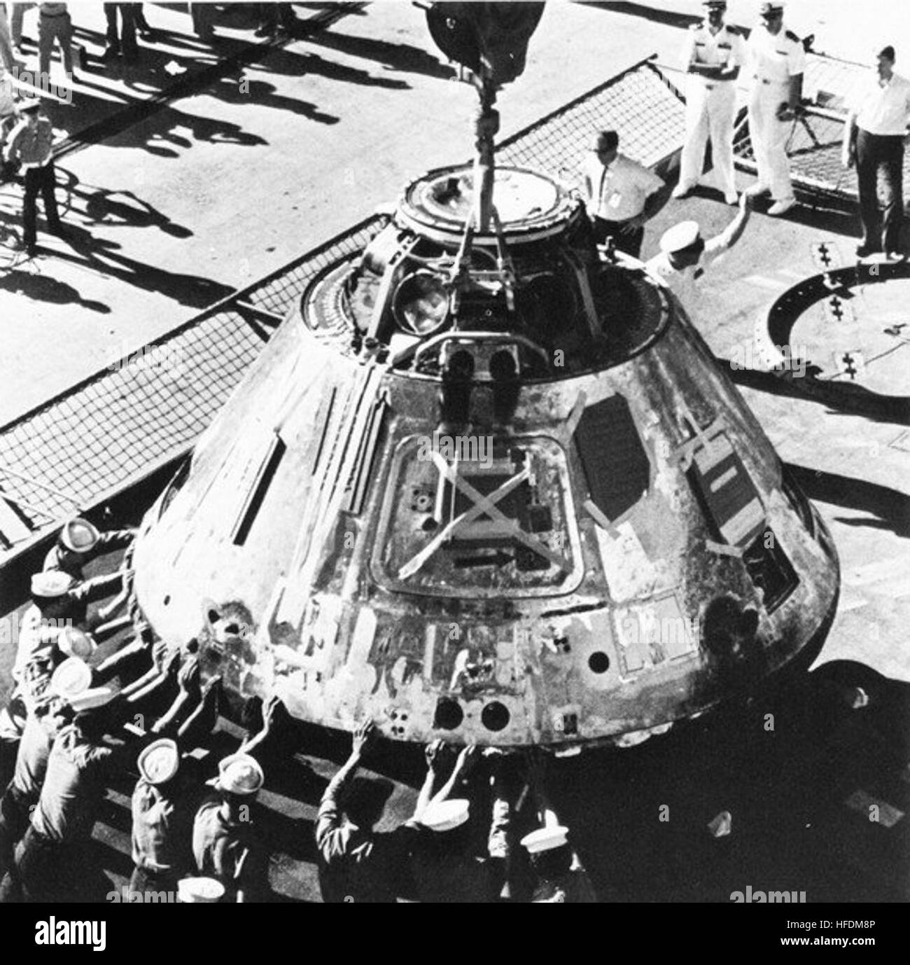 Apollo 8 command module on elevator of USS Yorktown (CVS-10) in ...