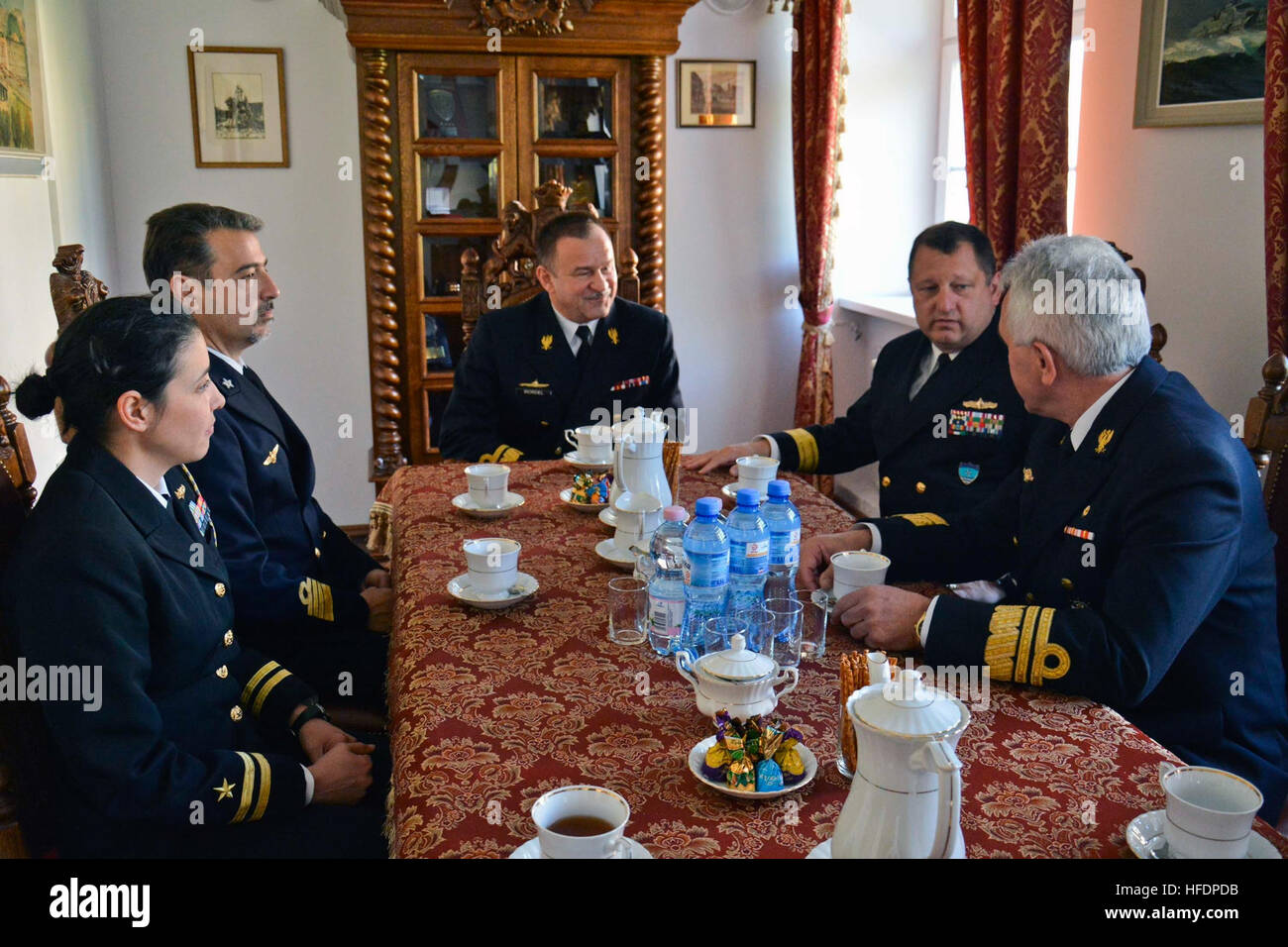 150605-N-IY633-020 GDYNIA, Poland (June 5, 2015) – Standing NATO Maritime Group 2 (SNMG2) and Polish armed forces leadership meet during SNMG2’s port visit to the city in preparation for exercise Baltic Operations (BALTOPS). BALTOPS is an annually reoccurring multinational exercise designed to enhance flexibility and interoperability, as well as demonstrate resolve of Allied and partner forces to defend the Baltic region. (U.S. Navy photo by Mass Communication Specialist 2nd Class Amanda S. Kitchner/Released) BALTOPS 150605-N-IY633-020 Stock Photo