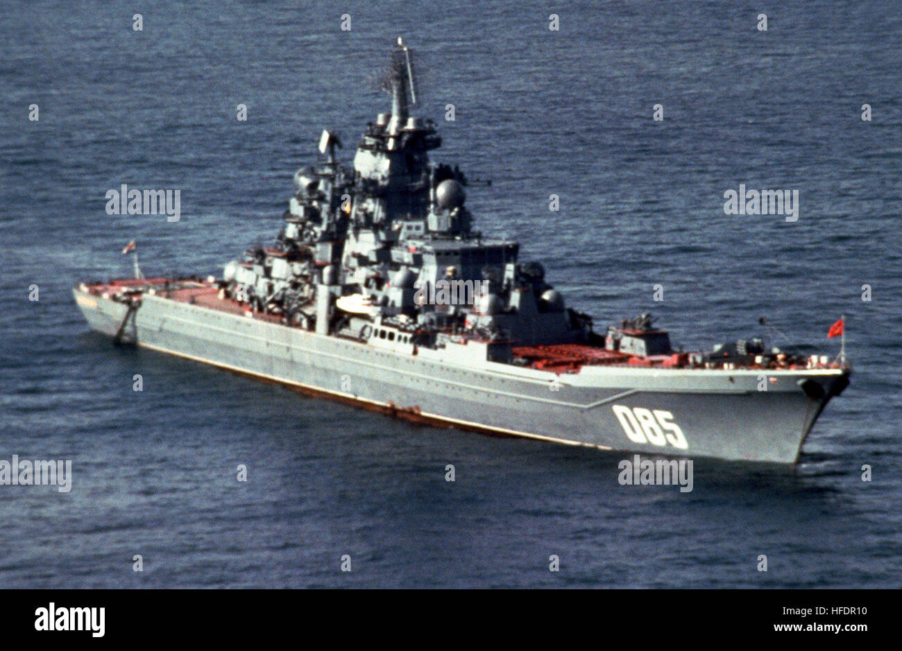 A starboard bow view of the Soviet Kirov class nuclear-powered guided missile cruiser KALININ