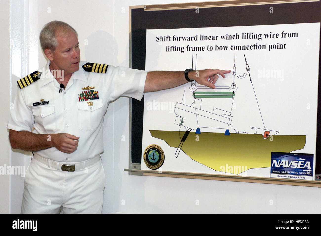 US Navy (USN) Captain (CAPT) Bert Marsh, Director of Ocean Engineering and Supervisor of Salvage and Diving at the Naval Sea Systems Command, uses a chart to describe the lifting process for the Japanese fishing vessel Ehime Maru, during a press briefing. Bert Marsh Ehime Maru Stock Photo