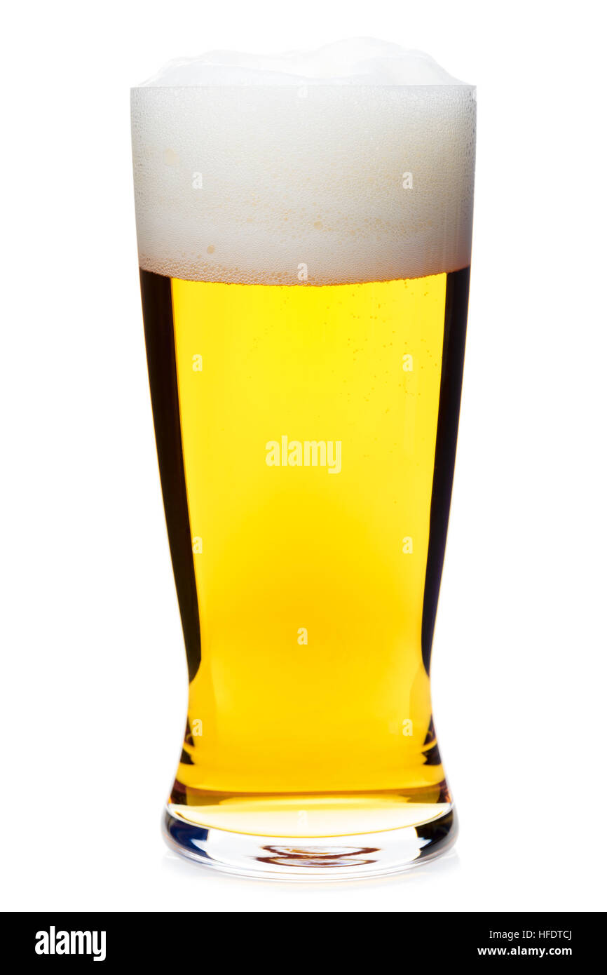 Full pilsner glass of pale lager beer with a large head of foam isolated on white background Stock Photo