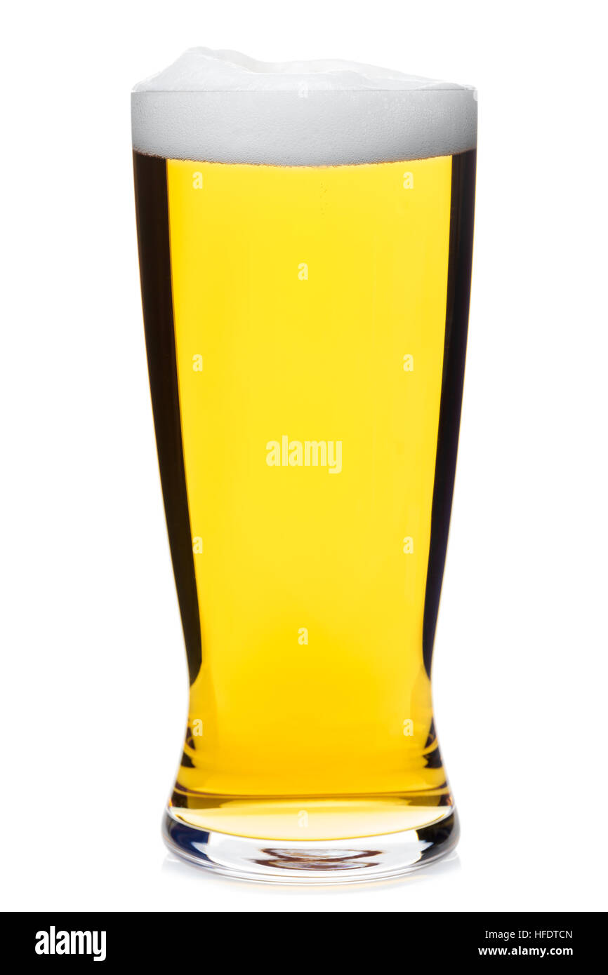 Full pilsner glass of pale lager beer isolated on white background Stock Photo