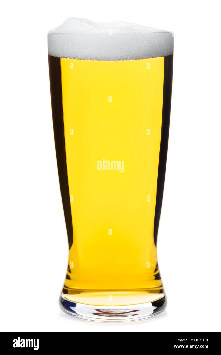 Full pilsner glass of pale lager beer isolated on white background
