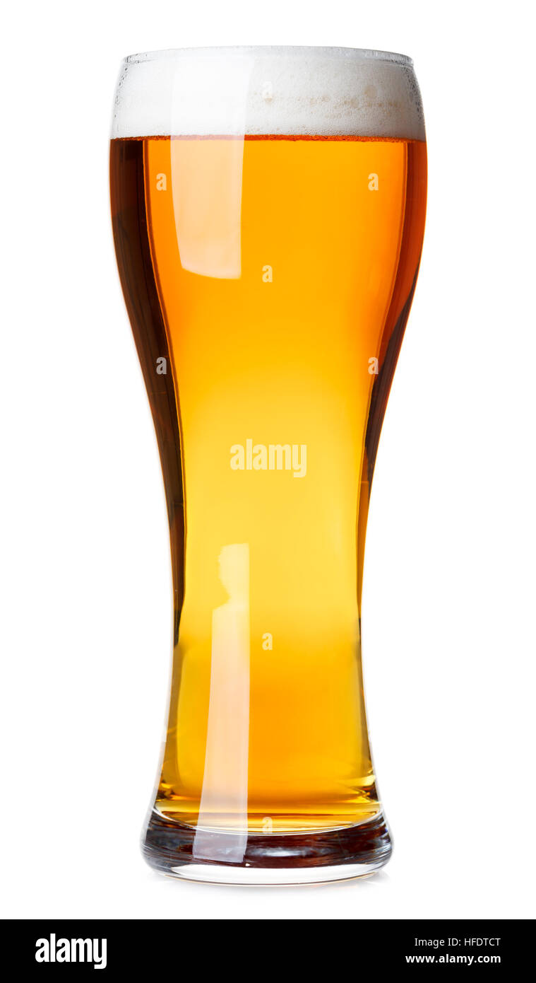 Full pilsner glass of pale lager beer with a head of foam isolated on white background Stock Photo