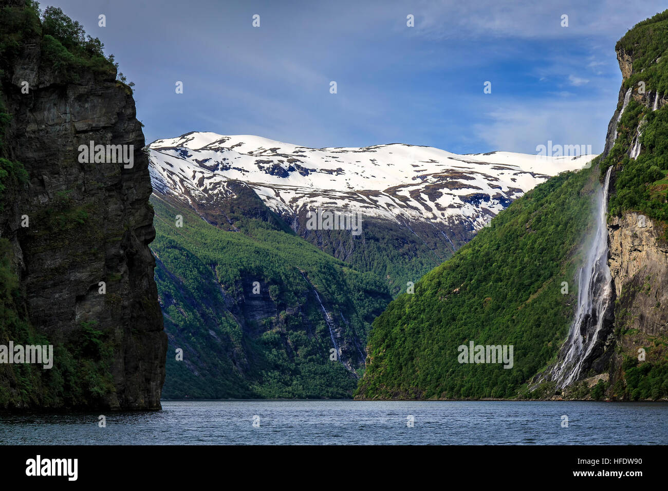 Waterfall along the Geirangerfjorden, Norway Stock Photo