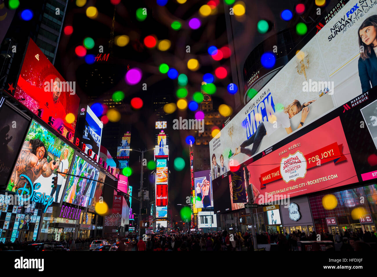 NEW YORK CITY - DECEMBER 23, 2016: Colorful lights decorate Times Square as the city prepares for New Year's Eve celebrations. Stock Photo