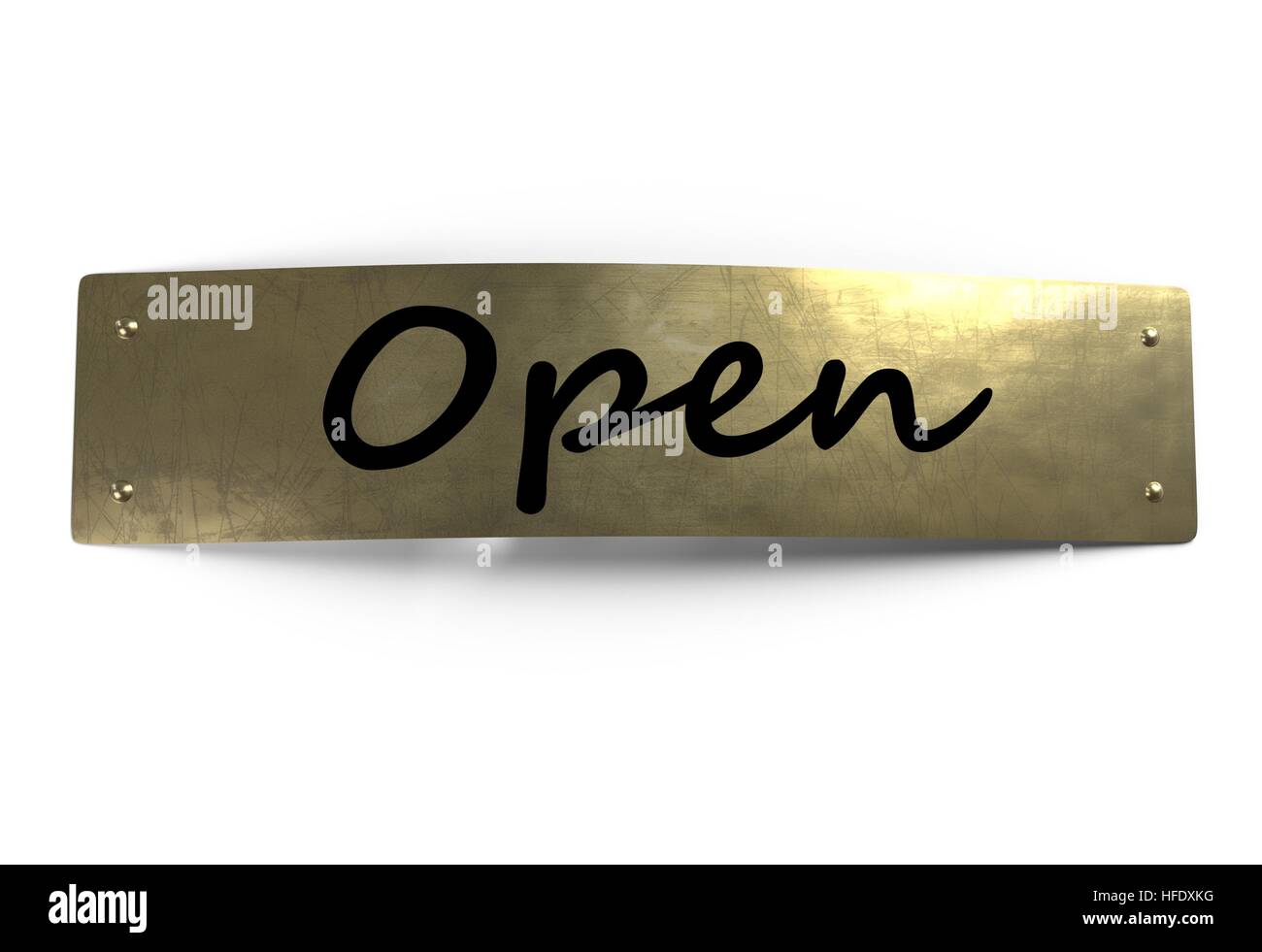 open sign metal gold yellow plate isolated on white 3d illustration ...