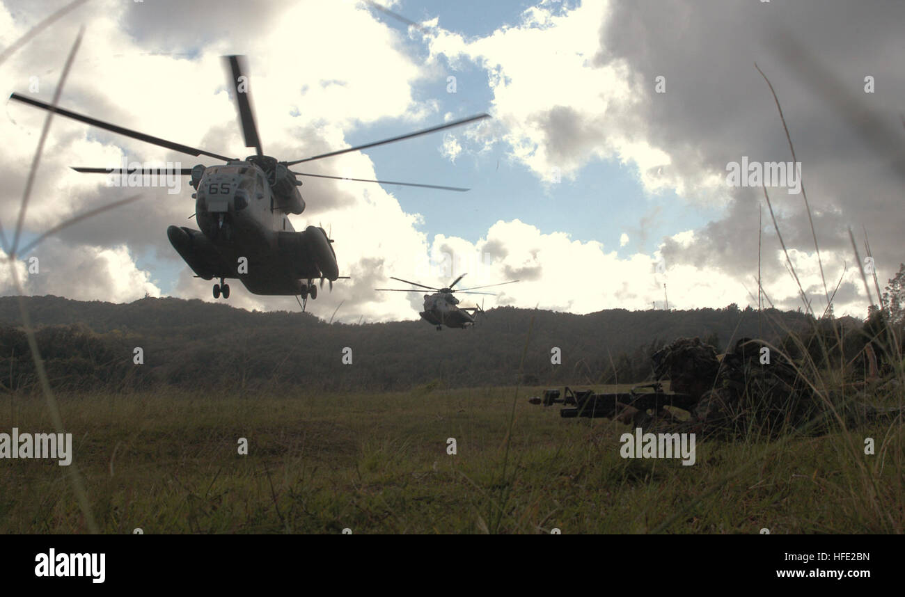 040717-N-4304S-116 Kahuku Training Area Oahu, Hawaii (July 17, 2004) - CH-53D Sea Stallion helicopters assigned to the ÒRed LionsÓ of Marine Heavy Helicopter Squadron Three Six Three (HMH-363) approach a landing zone for the extraction of Marine rescue forces during Tactical Recovery of Aircraft and Personnel (TRAP) training in support of exercise Rim of the Pacific (RIMPAC) 2004. RIMPAC is the largest international maritime exercise in the waters around the Hawaiian Islands. This year's exercise includes seven participating nations; Australia, Canada, Chile, Japan, South Korea, the United Kin Stock Photo