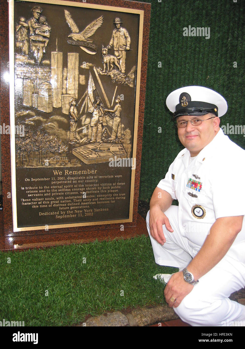 030523-N-5637H-001 New York, N.Y. (May 23, 2003) -- Chief Dave Maldonado poses next to the New York Yankees 9/11 Memorial after re-enlisting in the Yankee Stadium Monument Park.  U.S. Navy photo by Journalist 1st Class John Harrington.  (RELEASED) US Navy 030523-N-5637H-001 Chief Dave Maldonado poses next to the New York Yankees 9-11 Memorial after re-enlisting in the Yankee Stadium Monument Park Stock Photo