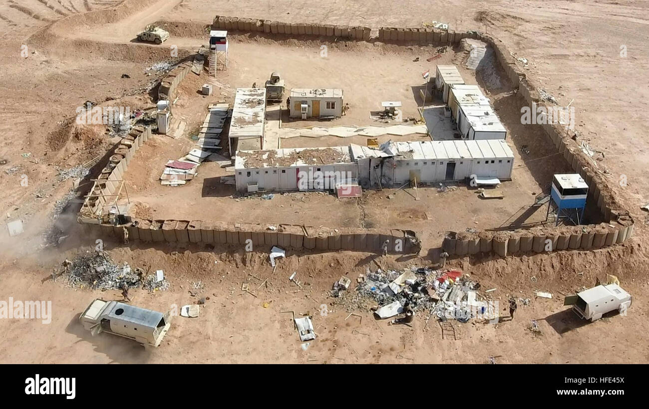 Still image taken from an ISIS propaganda video showing an aerial view of a destroyed Kurdish military outpost shot with a drone after being overrun by militants from the Islamic State during battles in Iraq October 6, 2016 near Anbar Province, Iraq. Stock Photo