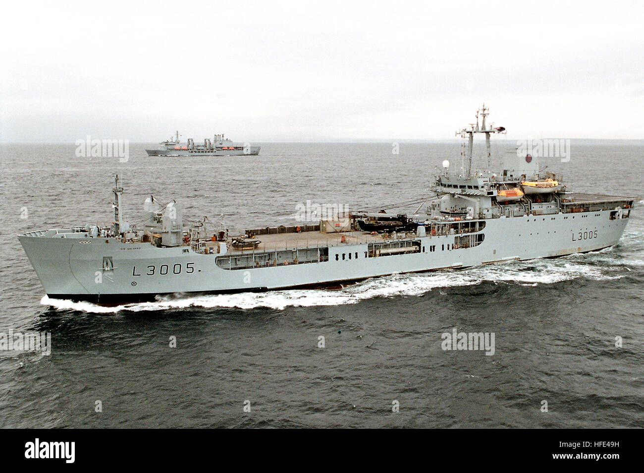 030326-N-0000C-001 Arabian Gulf (Mar. 26, 2003) -- The Royal Fleet Auxiliary, Landing Ship Logistic RFA Sir Galahad (L 3005) underway in the Arabian Gulf.  Sir Galahad, with a capability of carrying approximately 400 troops, with a beaching capacity of 3,440 tons, is expected to be the first ship to deliver coalition humanitarian supplies in support of Operation Iraqi Freedom.  It is currently loaded with 232,300 Kg. of supplies for the people of Iraq.  Operation Iraqi Freedom is the multi-national coalition effort to liberate the Iraqi people, eliminate IraqÕs weapons of mass destruction, and Stock Photo
