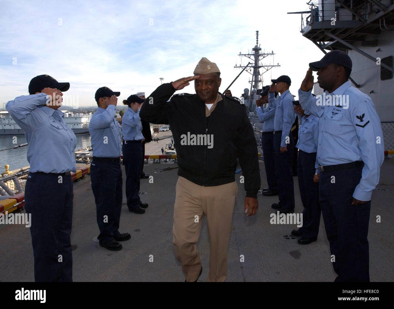 050115-N-8146B-001 San Diego, Calif. (Jan. 15, 2005) Ð Commander, TRICARE West, Rear Adm. James A. Johnson, arrives aboard the amphibious assault ship USS Boxer (LHD 4) to speak during a Martin Luther King Jr. Day ceremony. Boxer is currently in her homeport of San Diego, Calif. U.S. Navy photo by PhotographerÕs Mate 3rd Class James Bartels (RELEASED) US Navy 050115-N-8146B-001 Commander, TRICARE West, Rear Adm. James A. Johnson, arrives aboard the amphibious assault ship USS Boxer (LHD 4) to speak during a Martin Luther King Jr. Day ceremony Stock Photo