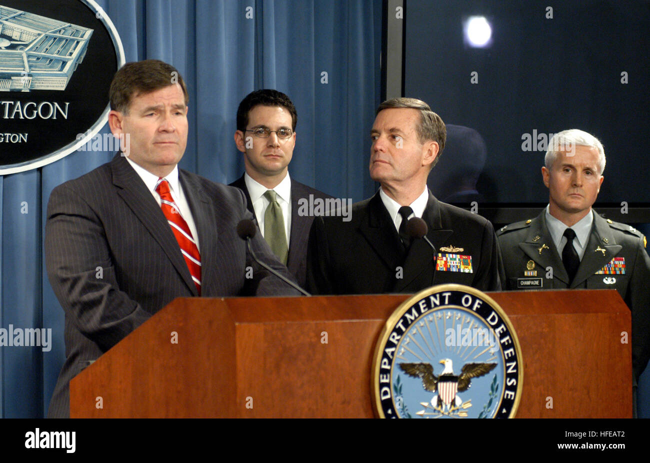 050310-D-9880W-084      A group of four experts on issues relating to the handling of detainees from the war on terrorism were present at the Pentagon, March 10, 2005, to brief reporters on the findings of the 'Church Report.'  The report, formally titled 'Review of DoD Detention Operations and Detainee Interrogation Techniques,' which was presented to the Senate Armed Services Committee earlere in the day, was authored by Vice Adm. Albert T. Church III (2nd from right).  Joining Church for the briefing are Thomas Gandy (left), director for human intelligence, foreign disclosure and security,  Stock Photo