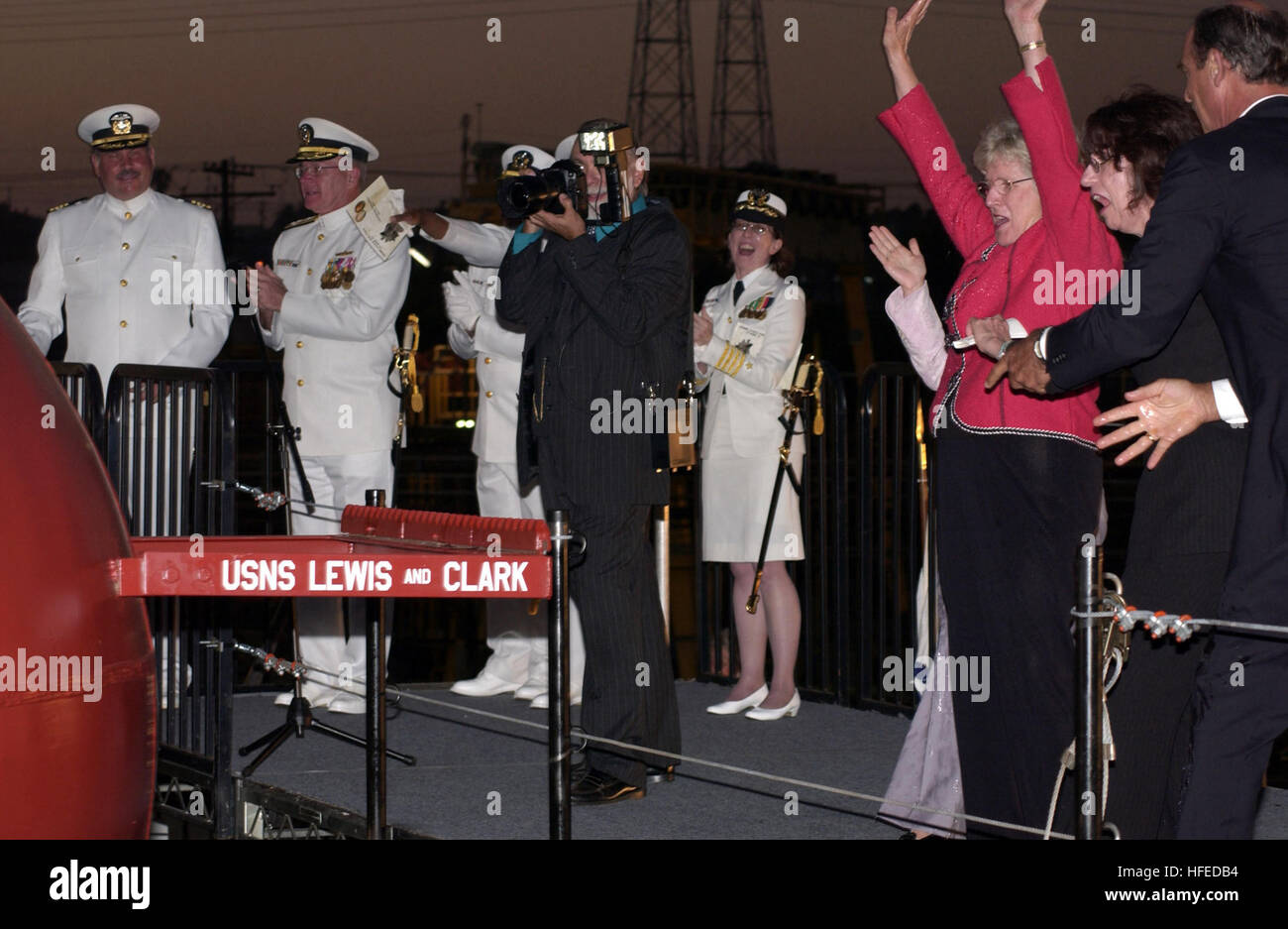 050521-N-1577S-125 San Diego, Calif., (May 21, 2005) Ð Ship Sponsor, Mrs. Jane Lewis Sale Henley, descendant of Meriwether Lewis, launches the Military Sealift Command (MSC) auxiliary dry cargo carrier USNS Lewis and Clark, (T-AKE 1), after a christening ceremony held at the National Steel and Shipbuilding Company, (NASSCO) in San Diego, Calif. Lewis and Clark is the first of the newest class of underway replenishment ships built for naval service and is named in honor of the legendary explorers. Direct descendents of Capt. Meriwether Lewis and Lt. William Clark, Mrs. Jane Lewis Sale Henley an Stock Photo