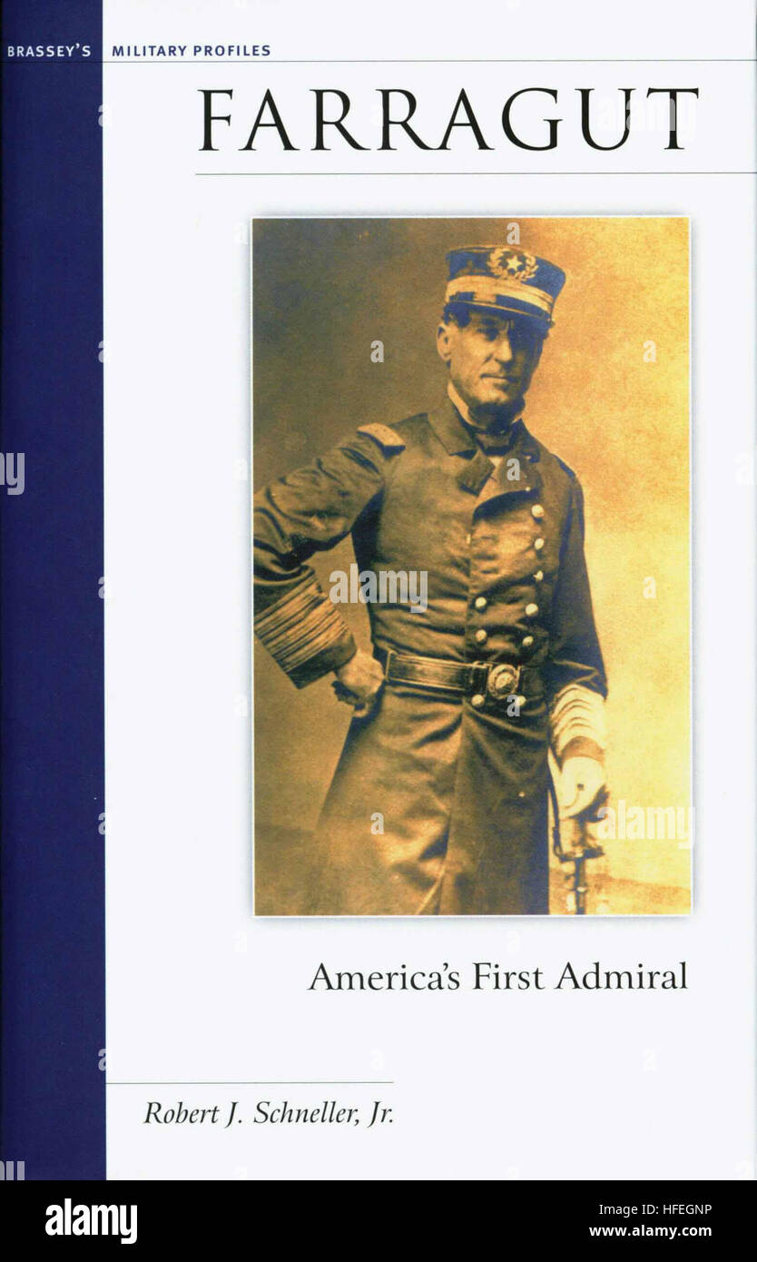 030318-N-0000X-003 Navy Historical Center, Washington, D.C. (Mar. 18, 2003) -- The book cover of ÒFarragut, AmericaÕs First AdmiralÓ by Naval Historical Center historian Robert J. Schneller, Jr.  Adm. Farragut was appointed the U.S. NavyÕs first four-star Admiral in 1866, but is most famous for his cry at the Battle of Mobile Bay on August 1864:  ÒDamn the torpedoes, full speed ahead!Ó  U.S. Navy photo.  (RELEASED) US Navy 030318-N-0000X-003 The book cover of Farragut, America%%5Ersquo,s First Admiral Stock Photo