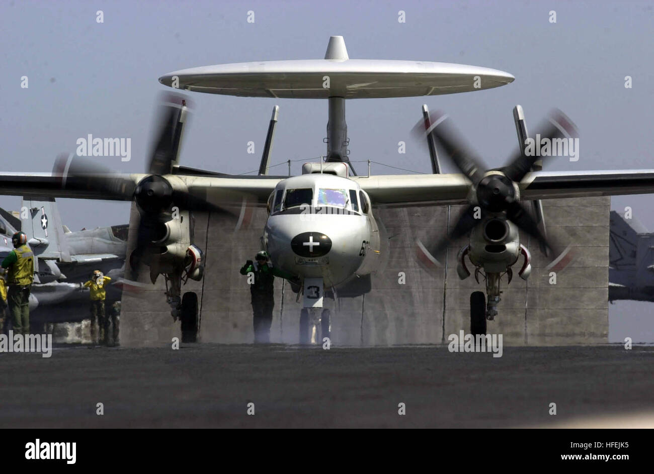 030418-N-2385R-008 Arabian Gulf (Apr. 18, 2002) -- An E-2C Hawkeye assigned to the “Wallbangers” of Carrier Airborne Early Warning Squadron One One Seven (VAW-117) prepares to launch from one of four steam driven catapults on the flight deck of USS Nimitz (CVN 68).  Nimitz and her embarked Carrier Air Wing Eleven (CVW-11) are on deployment conducting combat missions in support of Operation Iraqi Freedom.  Operation Iraqi Freedom is the multi-national coalition effort to liberate the Iraqi people, eliminate Iraq's weapons of mass destruction, and end the regime of Saddam Hussein.  U.S. Navy pho Stock Photo