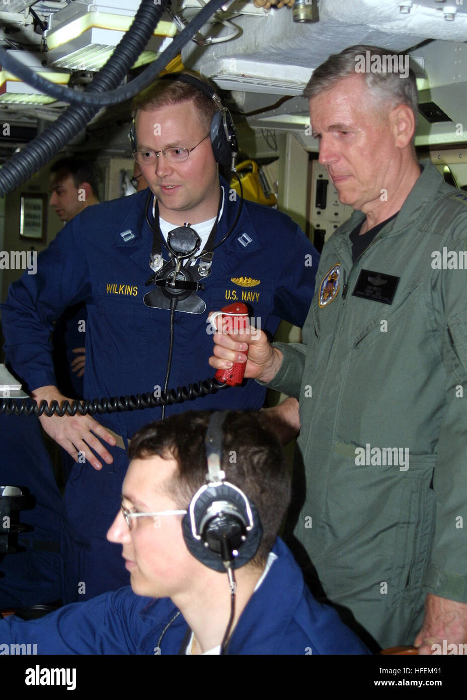030628-N-2903K-002 At sea aboard USS Rhode Island (SSBN 740) Jun. 28, 2003 -- Gen. Richard B. Myers Chairman of the Joint Chiefs of Staff, takes part in the missile control center during a battle stations training exercise aboard the ballistic missile submarine USS Rhode Island (SSBN 740).  U.S. Navy photo by Journalist 3rd Class B.L. Keller.  (RELEASED) US Navy 030628-N-2903K-002 Gen. Richard B. Myers Chairman of the Joint Chiefs of Staff, takes part in the missile control center during a battle stations training exercise aboard the ballistic missile submarine USS Rhode Island Stock Photo