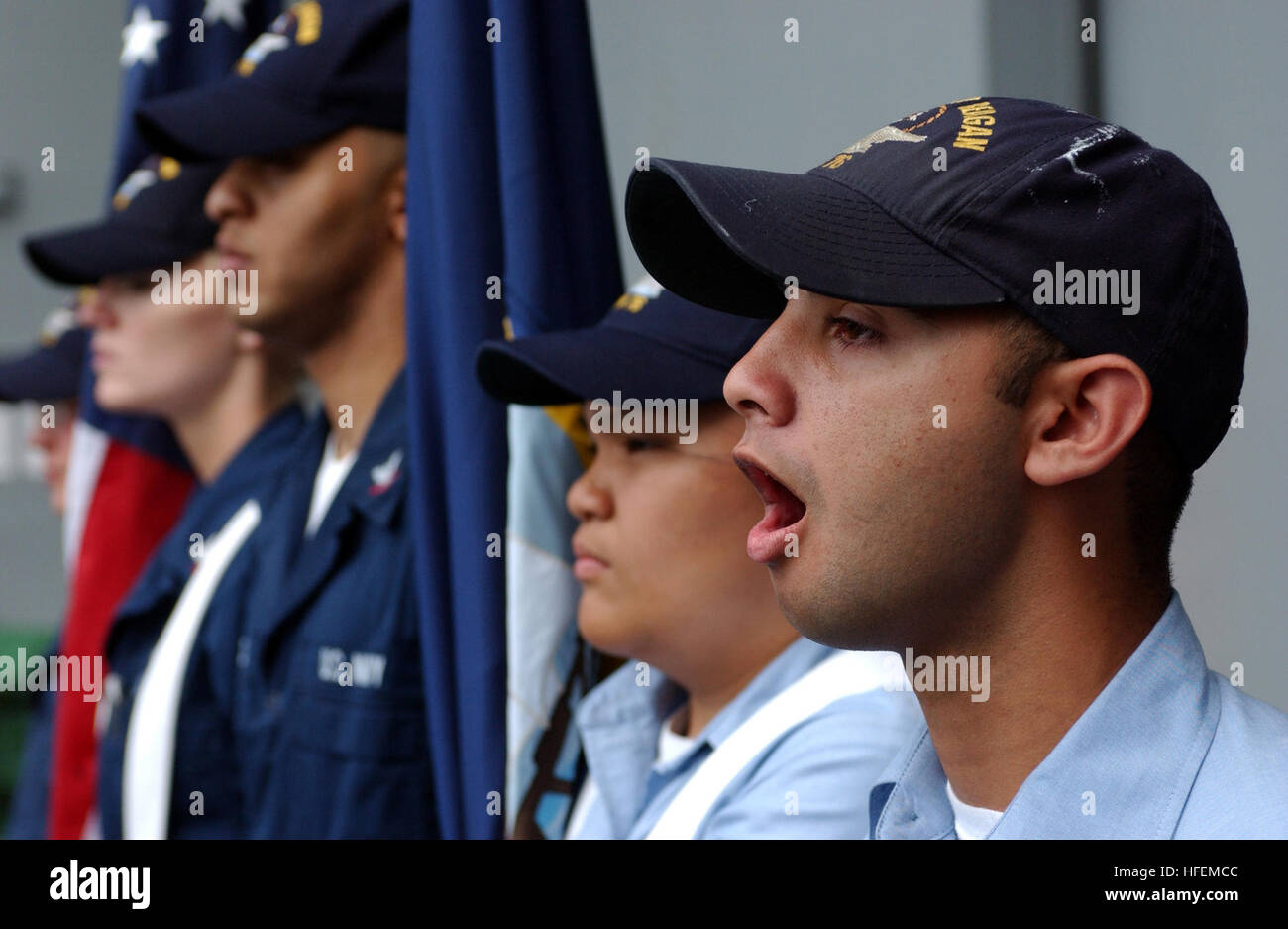 The color guard rehearses preparatory commands aboard PCU Ronald Reagan ...