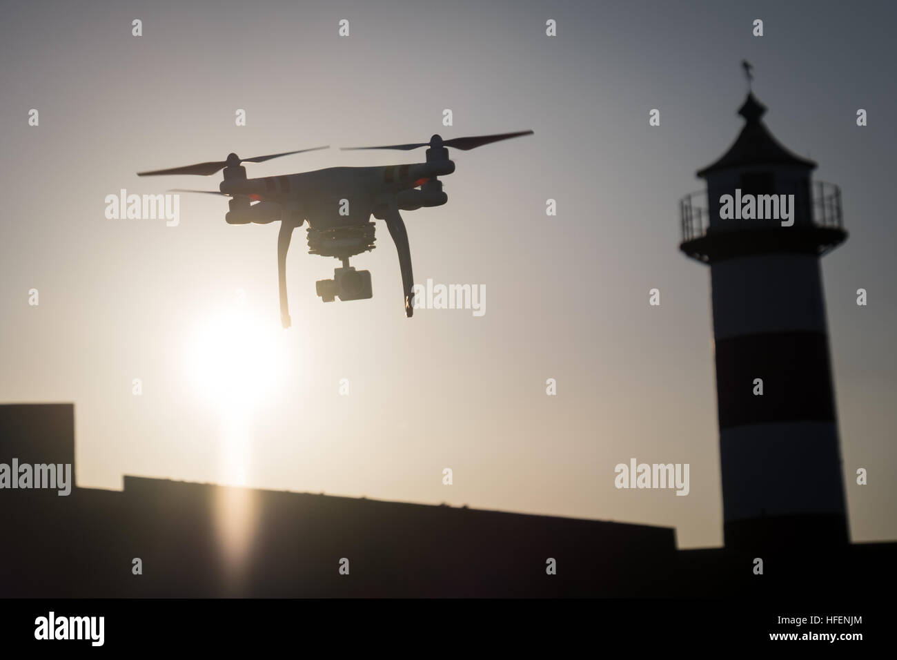 A DJI Phantom 3 Standard drone in flight near Southsea Castle Stock Photo