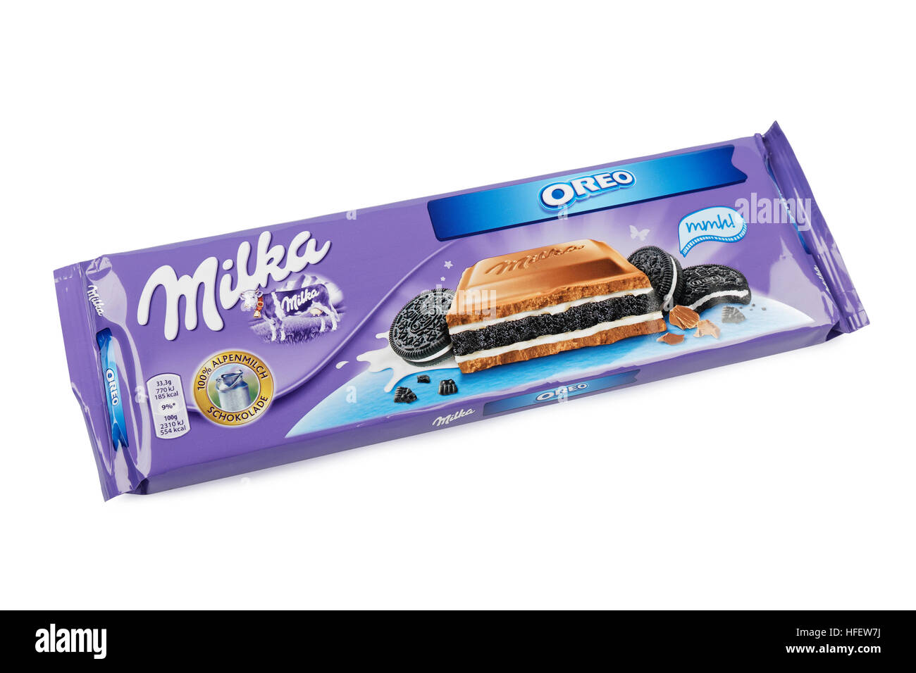 Milka Mondelez Oreo biscuit milk chocolate with Milka cow on a white background Stock Photo