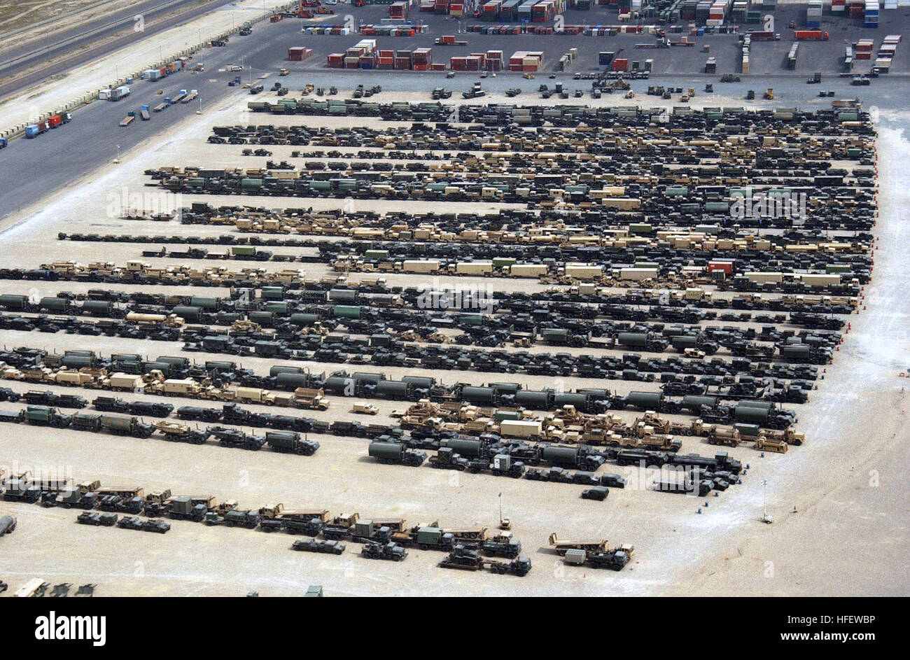 040302-N-0743B-069 Ash-Shu’aibah, Kuwait (Mar. 1, 2004) – Aerial view of equipment staging terminals at Ash-Shu'aibah, Kuwait’s port facility.  U.S. Military Sealift Command (MSC) is currently offloading tons of equipment and supplies needed to support the continued security and rebuilding of Iraq. MSC is the transportation provider for the Department of Defense with the responsibility of providing strategic sealift and ocean transportation for all military forces overseas. U.S. Navy photo by Journalist 3rd Class Eric L. Beauregard (RELEASED) US Navy 040302-N-0743B-069 Aerial view of equipment Stock Photo