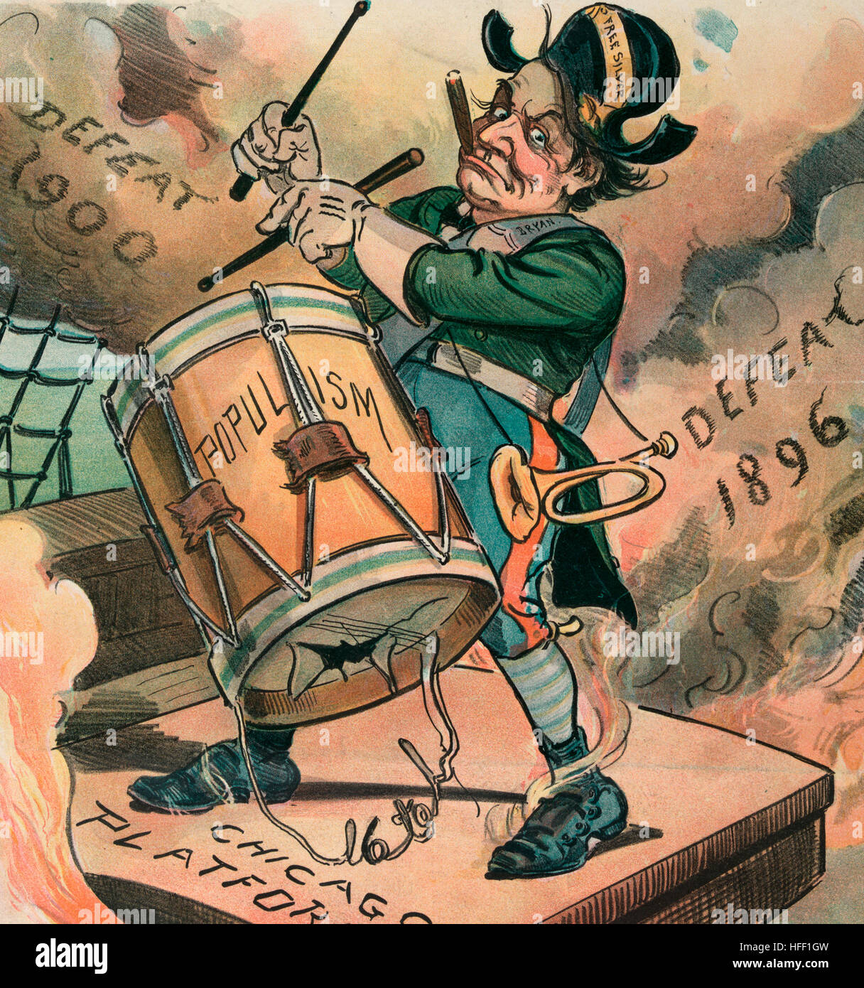 A late version -  Political Cartoon shows William Jennings Bryan playing a drum labeled 'Populism' while standing on a hatch labeled 'Chicago Platform' on a ship that is going up in flames and billowing clouds of dark smoke labeled 'Defeat 1896' and 'Defeat 1900.' His hat is labeled 'Free Silver' and a broken strap on the drum states '16 to 1.'  July 1901 Stock Photo