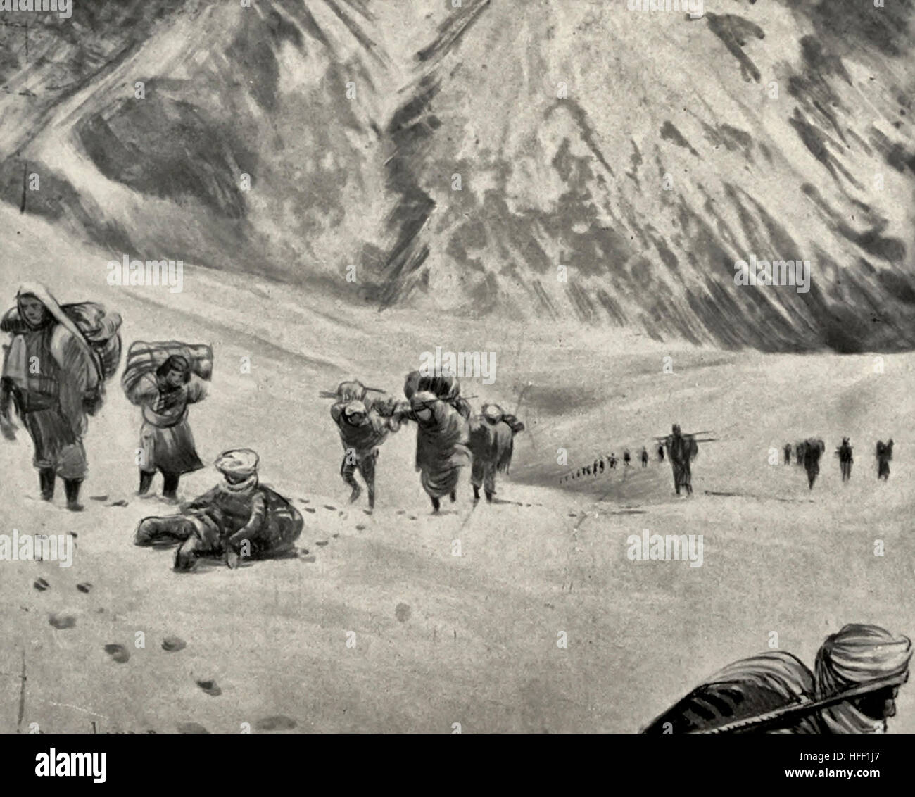 Ascending the Lumpiya Pass - Tibet, circa 1899 Stock Photo