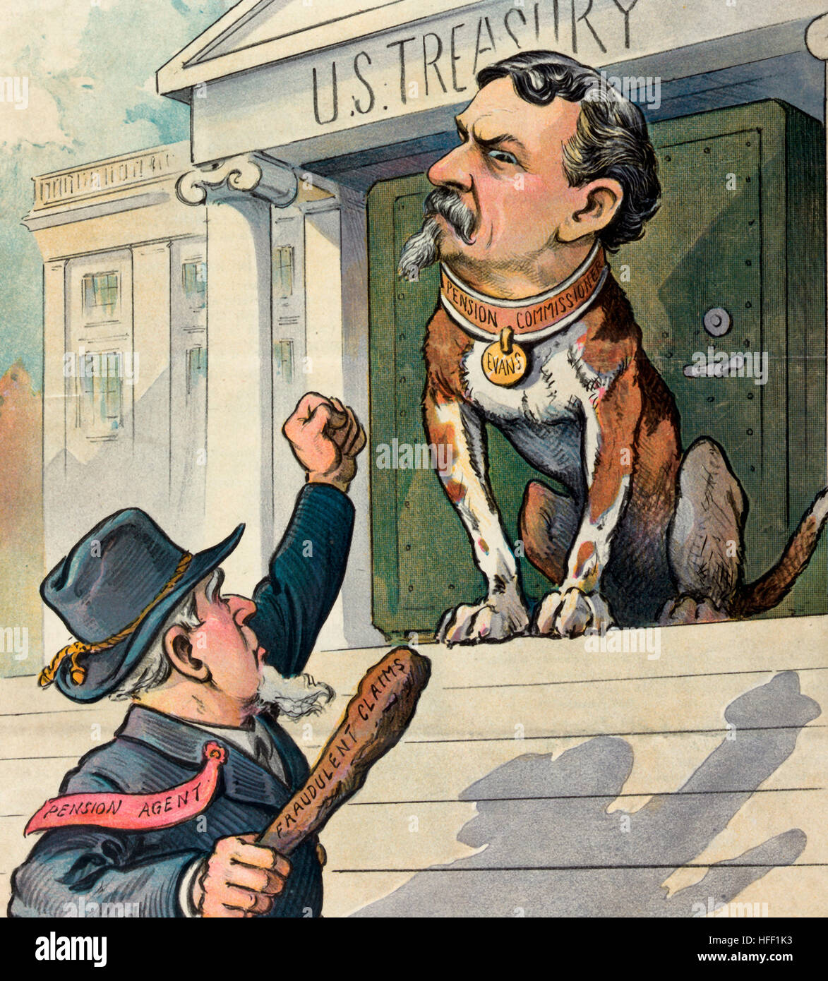 A tried watch-dog who will be retained.  Political Cartoon shows a man labeled 'Pension Agent' holding a small club labeled 'Fraudulent Claims' and shaking his fist at Henry C. Evans shown as a watchdog wearing a collar labeled 'Pension Commissioner Evans', sitting in front of a building labeled 'U.S. Treasury.' October 1903 Stock Photo