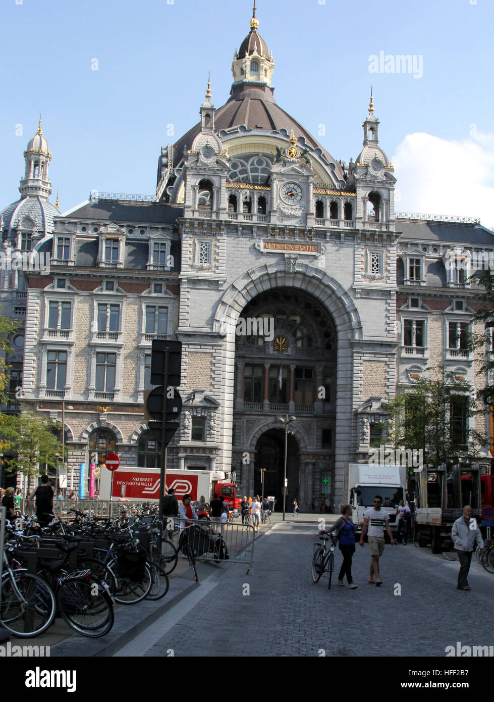 Antwerp's train station is considered one of  finest example of railway architecture in Europe. It was fully restored in 1986. Stock Photo