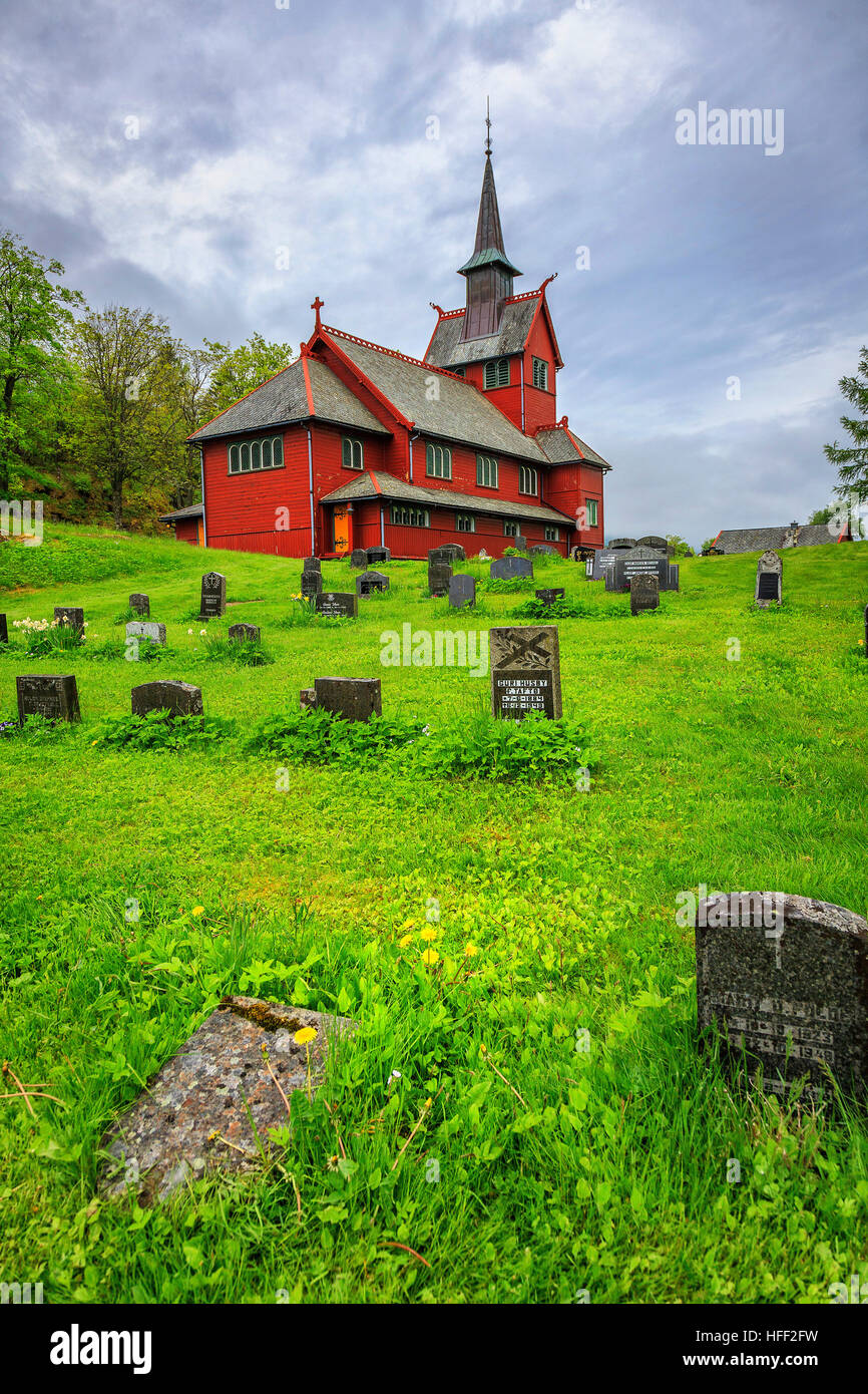 Red wooden church at Stemshaug, Norway Stock Photo