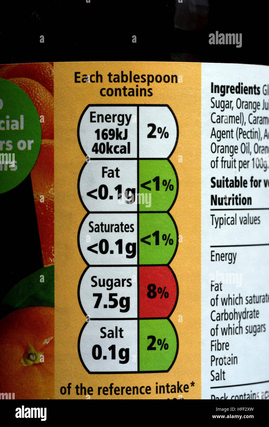 Product information on a Tesco Thick Cut Orange Shred Marmalade jar