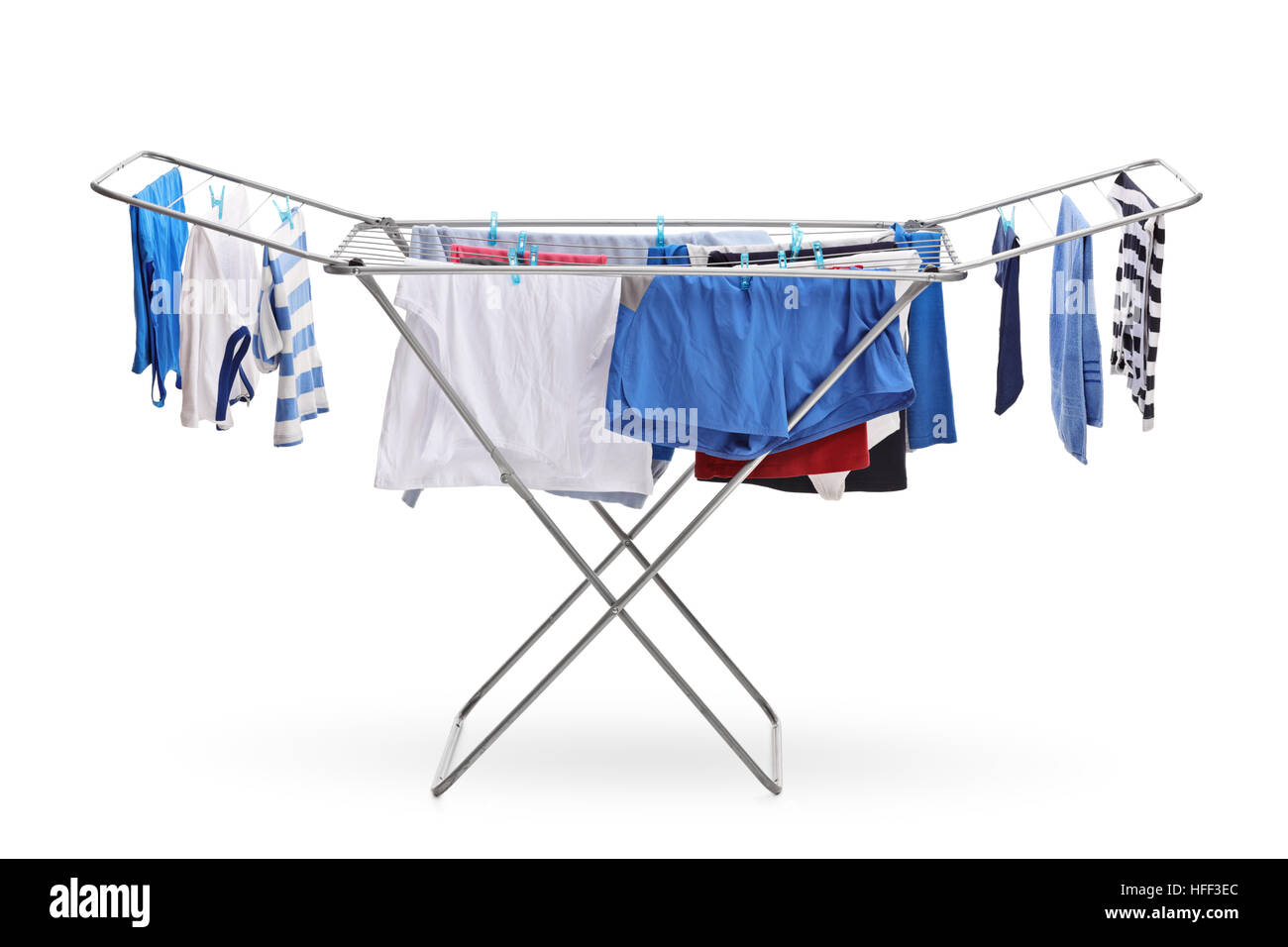 Rack dryer with clothes hanging isolated on white background Stock