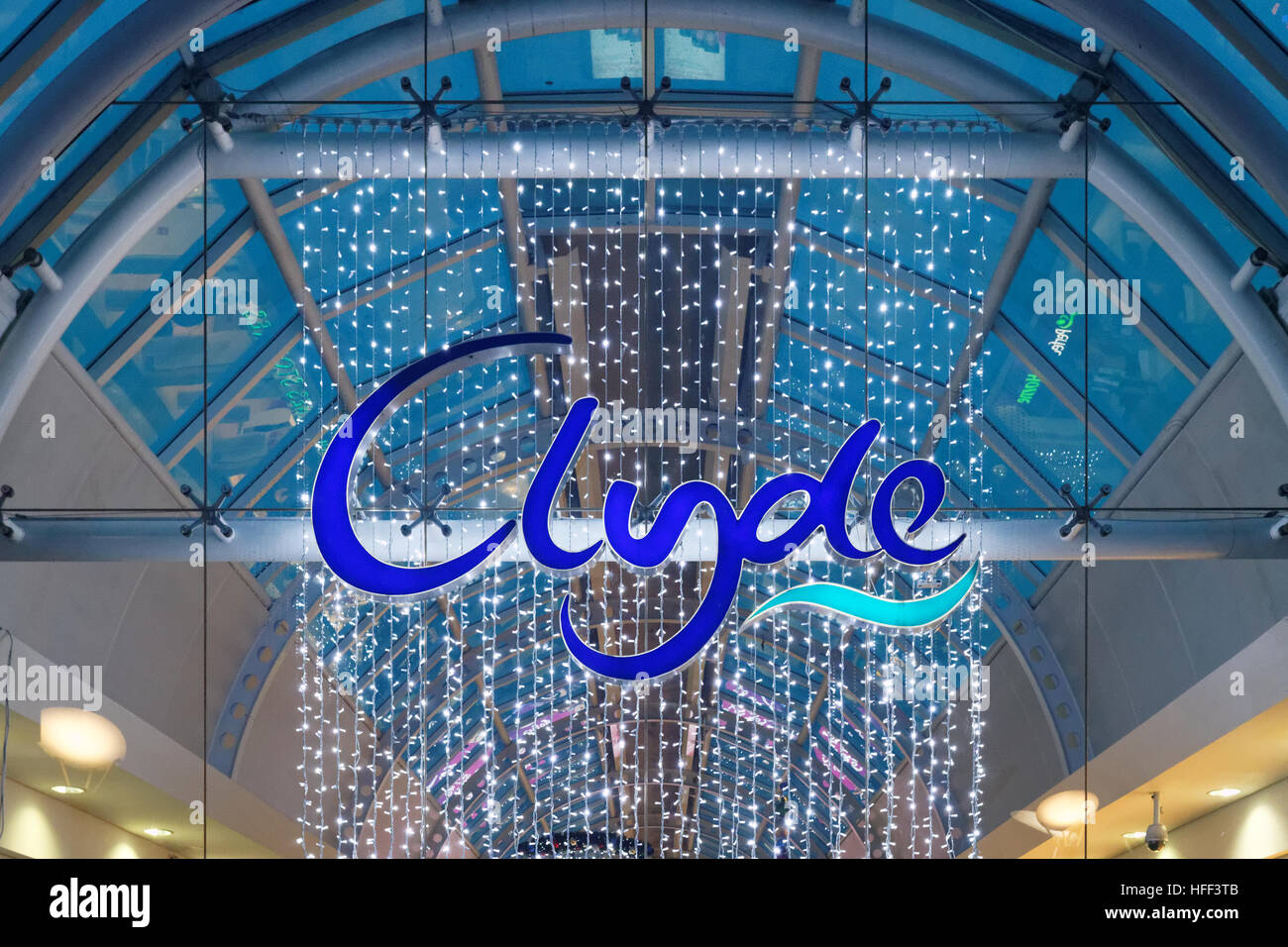 clydebank shopping centre clyde logo with christmas lights fairy Stock