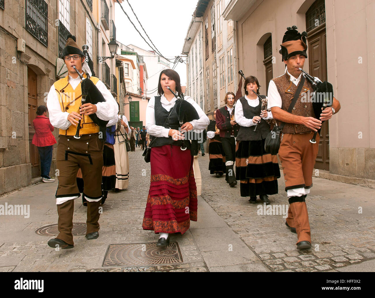 Traditional musicians, Festivities of the Virgin of Monserrat, Monforte de Lemos, Lugo province, Region of Galicia, Spain, Europe Stock Photo