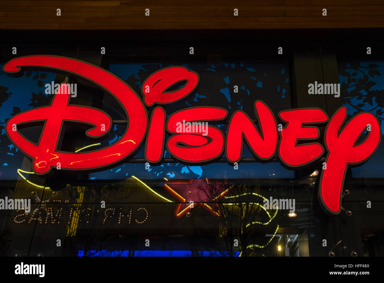 LONDON, UK - DECEMBER 29TH 2016: The Disney logo on the exterior of the Disney store on Oxford Street in London. Stock Photo