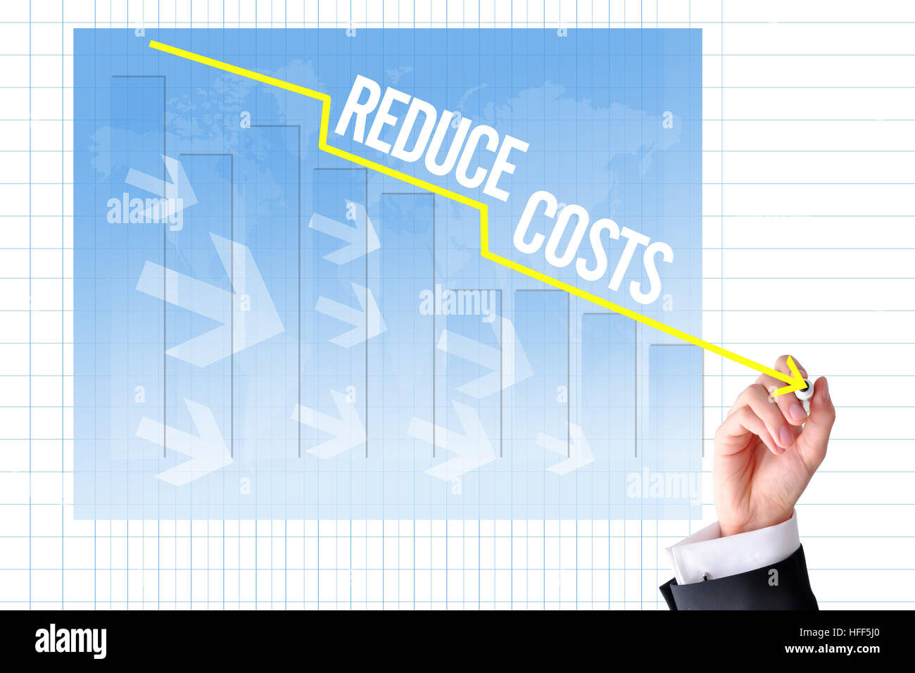 Reduce costs concept with businessman hand draw a graph Stock Photo