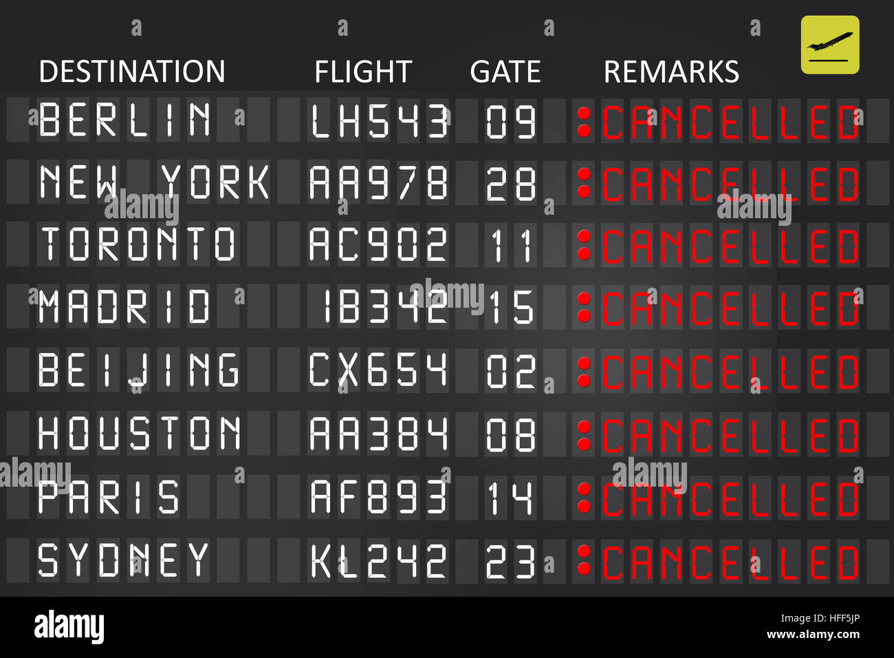 Airport billboard panel with cancelled flights Stock Photo