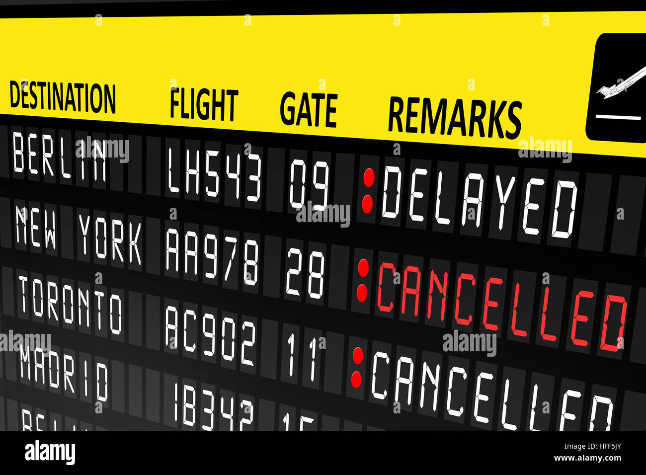 Flight delayed or cancelled display panel in airport Stock Photo