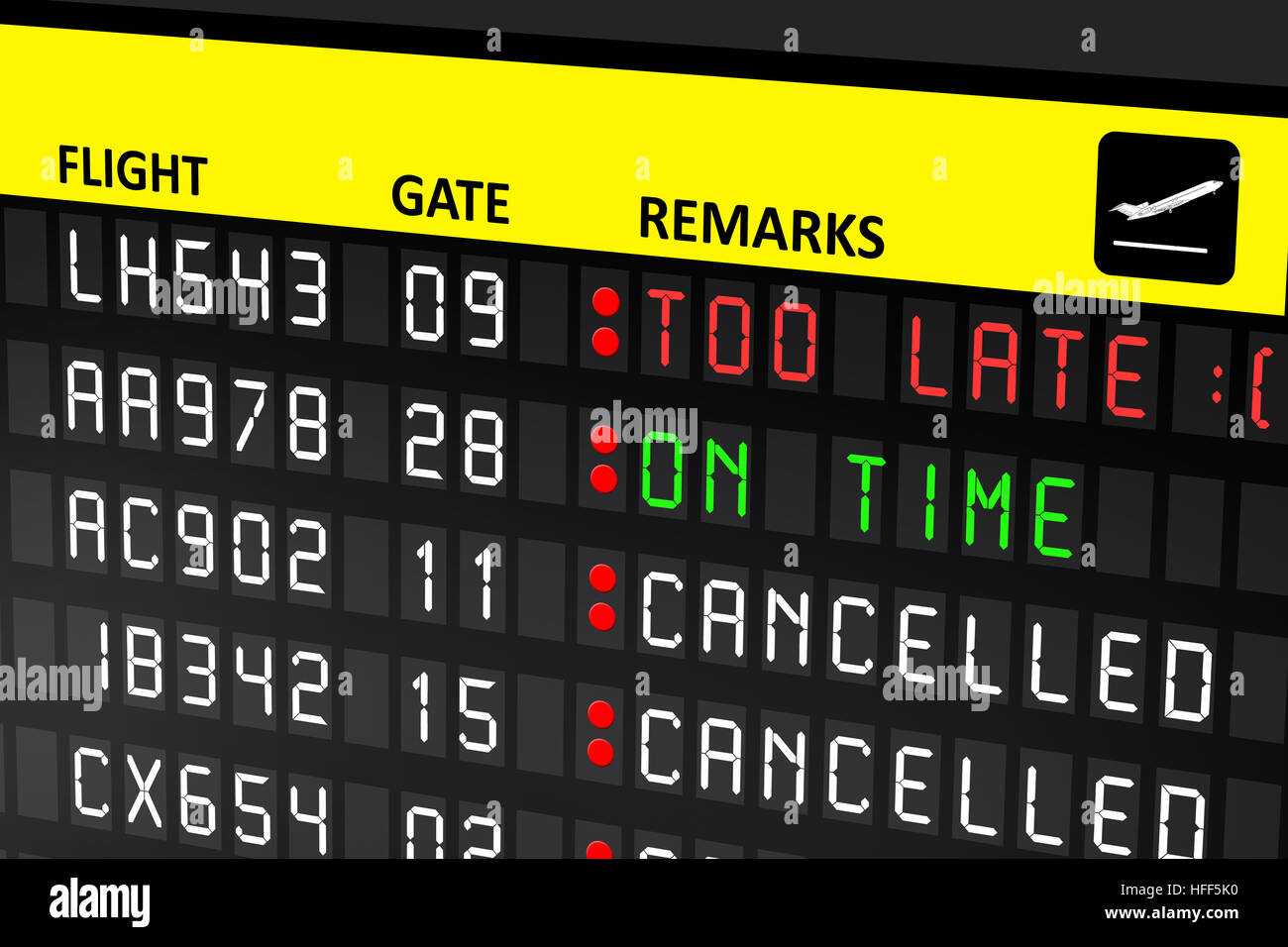 Flight delayed or cancelled display panel in airport Stock Photo