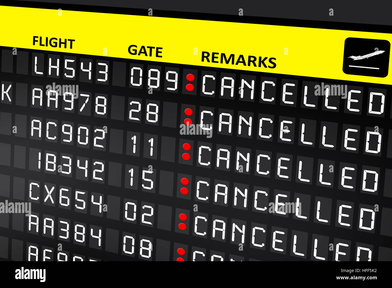 Airport billboard panel with cancelled flights Stock Photo