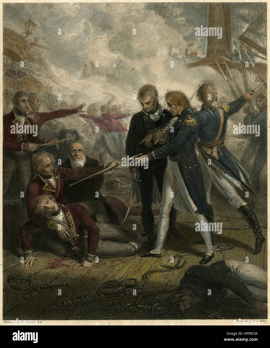 Antique 1808 engraving, hand-colored scene showing the surrender of the Spanish to Commodore Horatio Nelson: 'The San Nicolas & San Josef, Carried by Boarding.' The Battle of Cape St Vincent (14 February 1797) was one of the opening battles of the Anglo-Spanish War (1796–1808), as part of the French Revolutionary Wars, where a British fleet under Admiral Sir John Jervis defeated a larger Spanish fleet under Admiral Don José de Córdoba y Ramos near Cape St. Vincent, Portugal. SOURCE: ORIGINAL ENGRAVING. Stock Photo