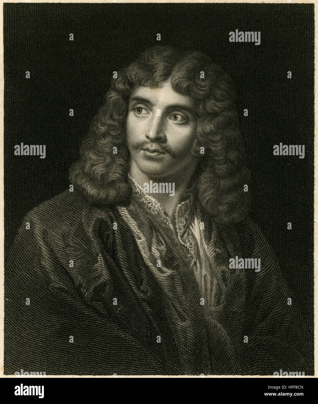Antique c1840 engraving of Molière. Jean-Baptiste Poquelin, known by his stage name Molière (1622-1673), was a French playwright and actor who is considered to be one of the greatest masters of comedy in Western literature. SOURCE: ORIGINAL ENGRAVING. Stock Photo