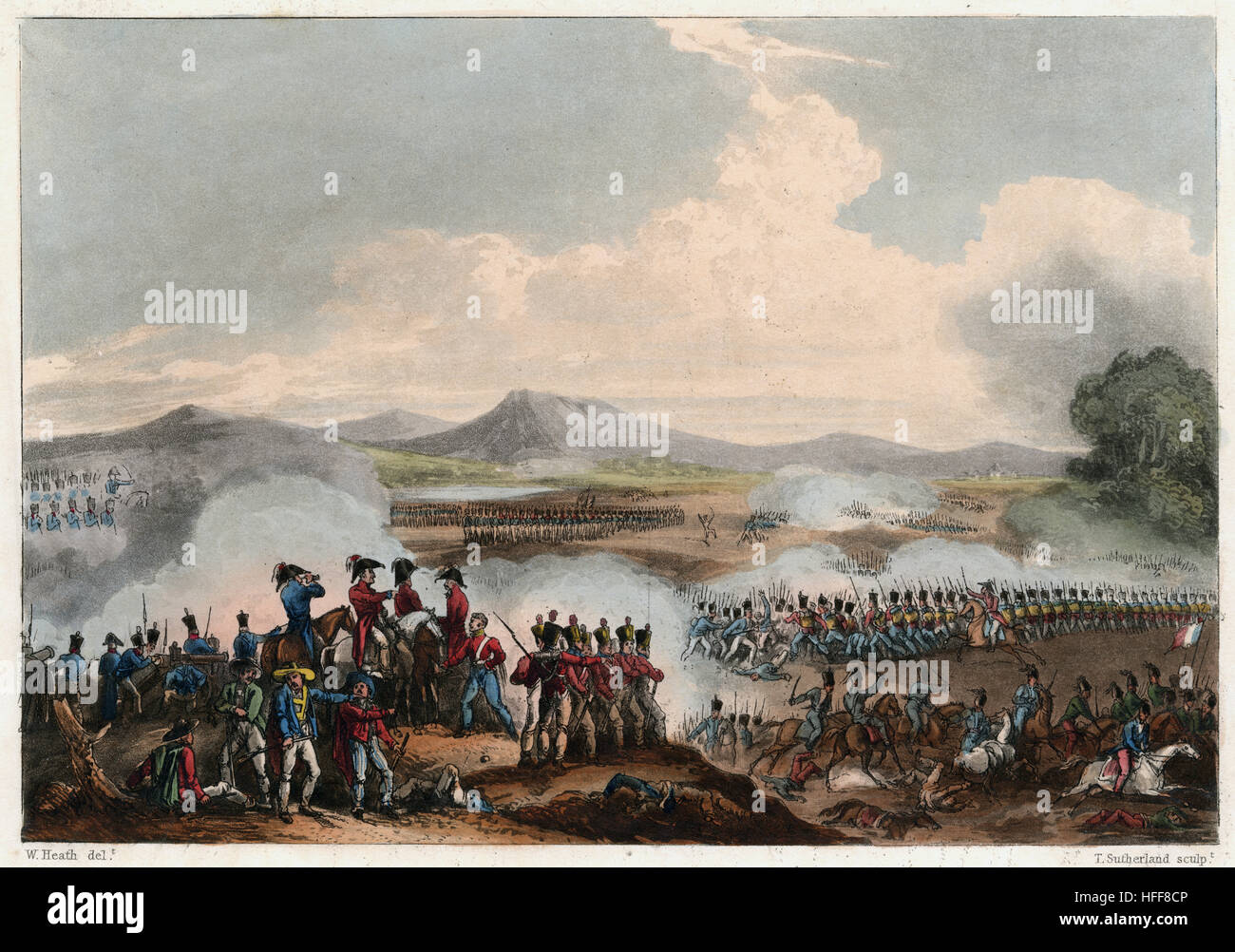 Antique 1815 engraving, hand-colored scene of the Battle of Talavera. The Battle of Talavera (27–28 July 1809) was fought just outside the town of Talavera de la Reina, Spain southwest of Madrid, during the Peninsular War. An Anglo-Spanish army under Sir Arthur Wellesley combined with a Spanish army under General Cuesta in operations against French-occupied Madrid. SOURCE: ORIGINAL ENGRAVING. Stock Photo