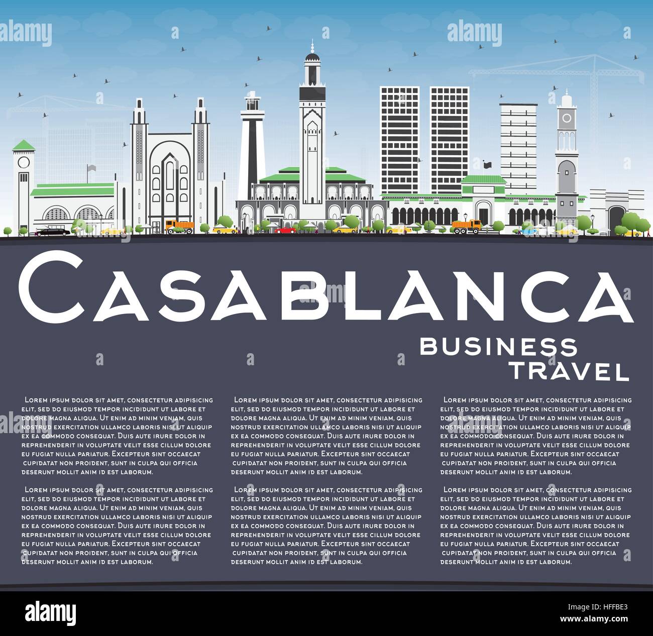 Casablanca Skyline with Gray Buildings, Blue Sky and Copy Space. Vector Illustration. Business Travel and Tourism Concept with Historic Architecture. Stock Vector