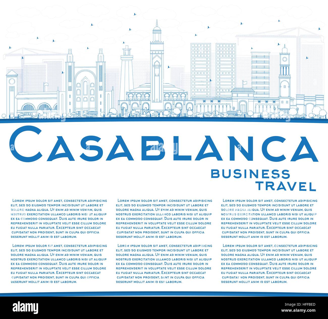 Outline Casablanca Skyline with Blue Buildings and Copy Space. Vector Illustration. Business Travel and Tourism Concept with Historic Architecture. Stock Vector